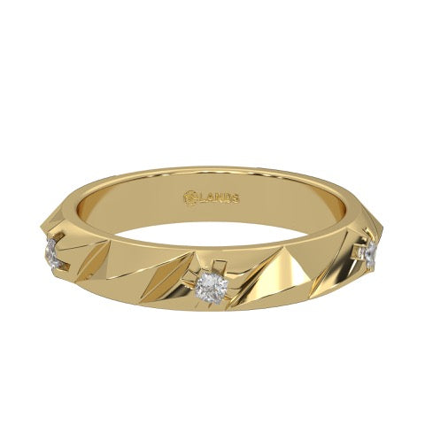 Three round-cut natural Canadian diamonds. 0.10 carat total weight set in Modern Electrum™. Color range from K to Z, with a clarity of SI and above. Ekati mine earth collection 45 to 55 million years old.