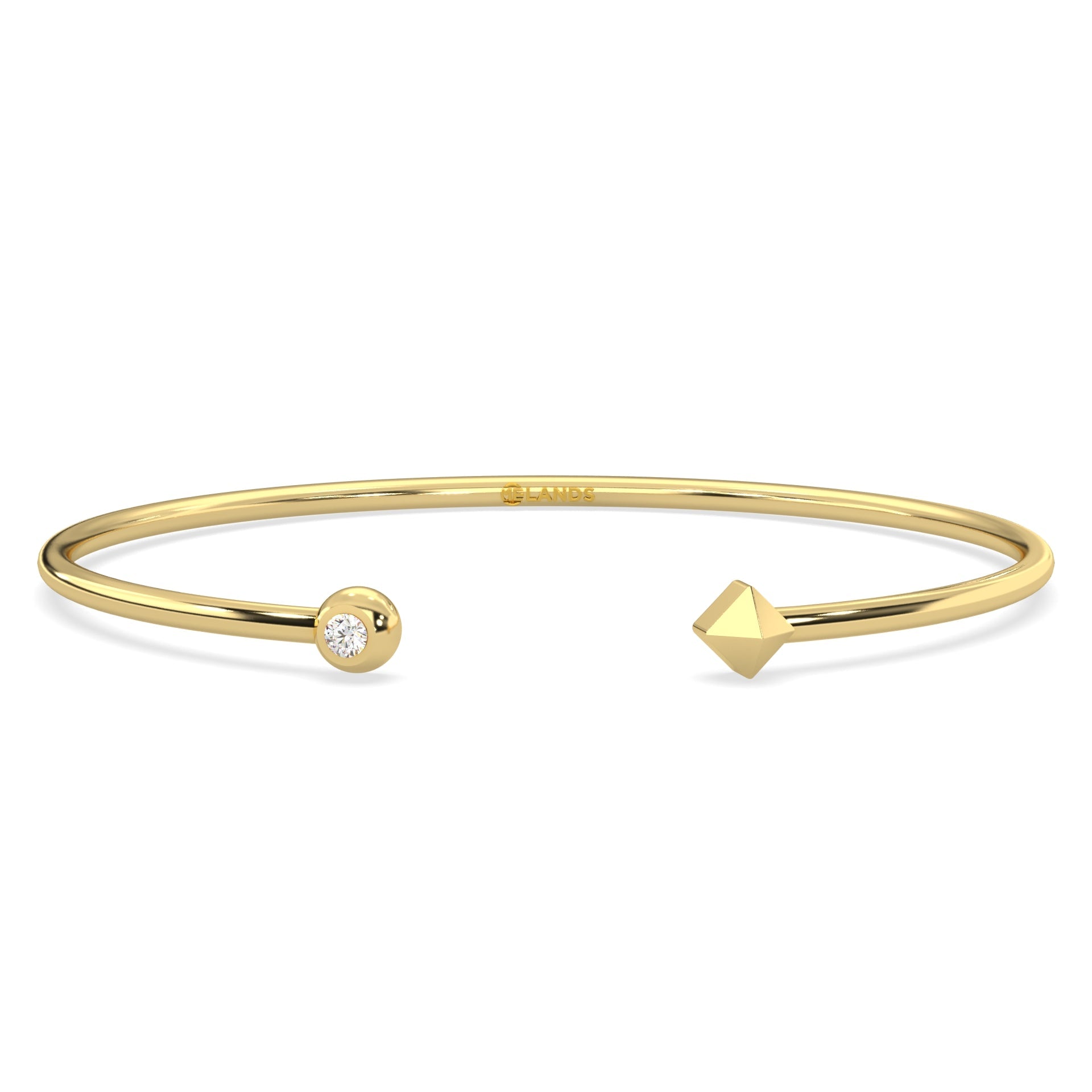 Flex bangle. One round natural Canadian diamond. 0.06 carat total weight. Set in Modern Electrum™. Color range from K to Z, with a clarity of SI and above. Ekati mine earth collection. 45 to 55 million years old.