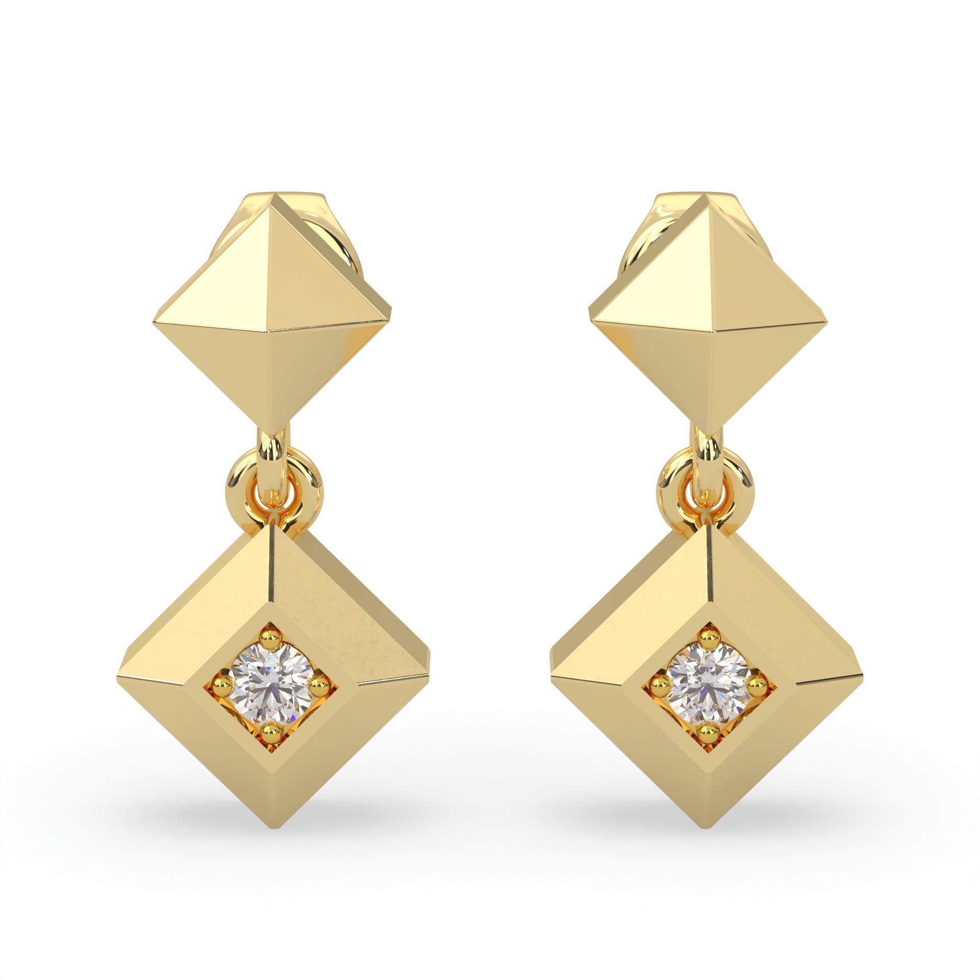 Dangle stud earrings with two round-cut natural Canadian diamonds. 0.07 carat total weight set in Modern Electrum™. Color range from K to Z, with a clarity of SI and above. Ekati mine. 45 to 55 million years old.