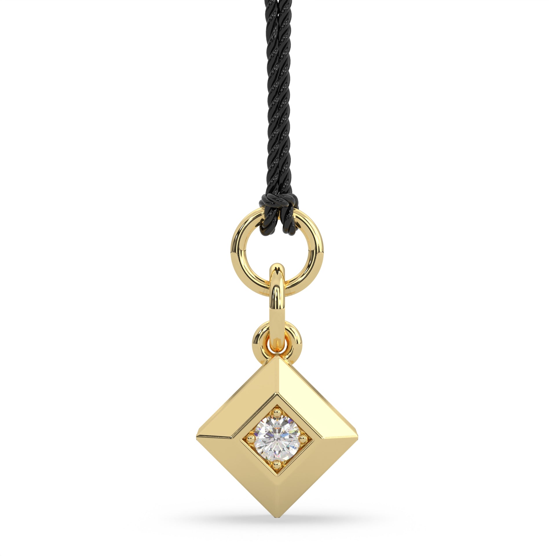 Solitaire Pendant and hoop earrings set with black silk cord. 0.06 carat total weight. Set in Modern Electrum™. Color range from K to Z, with a clarity of SI and above. Ekati mine earth collection. 45 to 55 million years old.