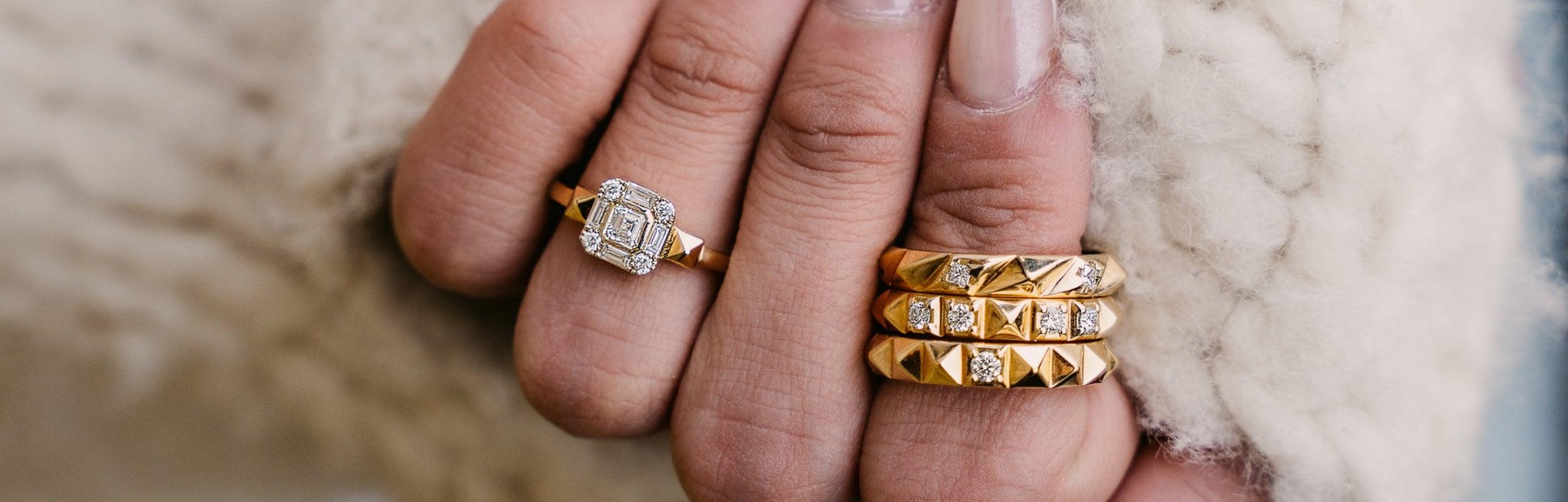 Unisex Ekati Earth Collection Natural Diamond Rings in gold modern electrum Stacked on fingers