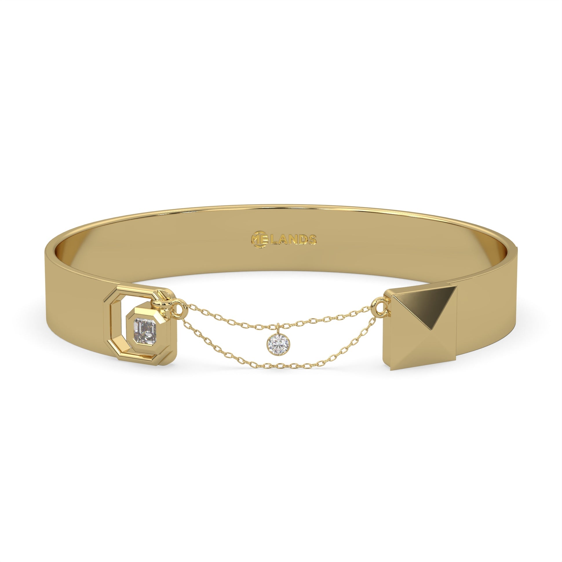 Unisex Bangle diamond bracelet with one square emerald. Wide cuff design set in Modern Electrum™ from Ekati chain closure