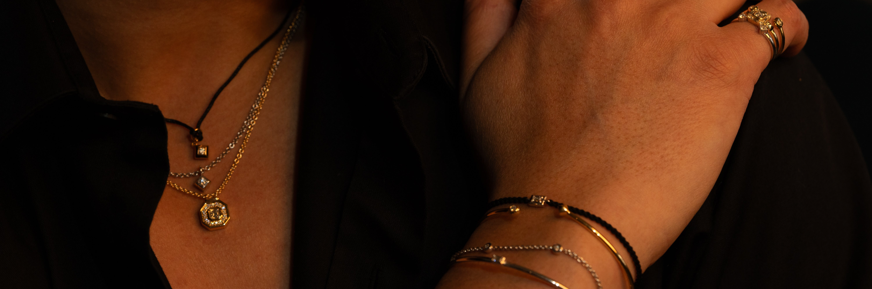 Unisex natural diamond jewelry. Mixed collections and materials. Stacked and layered. Super Trendy.