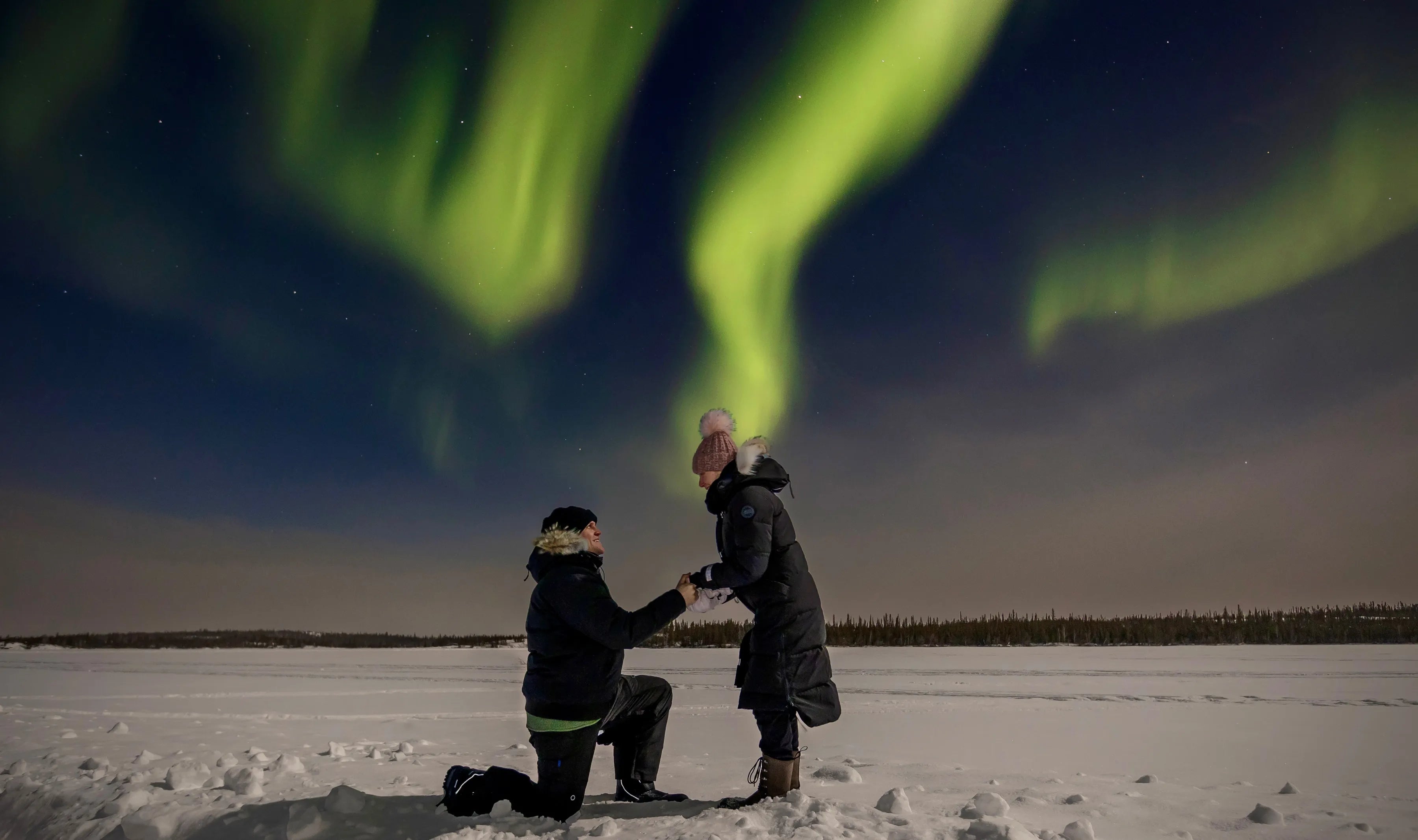 Man proposes to woman in Yellowknife with a rough diamond from Ekati that Diamonds de Canada are going to cut and polish