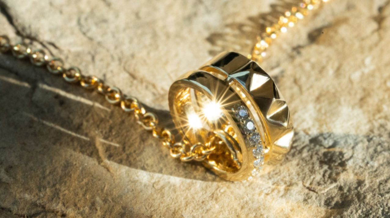 Gold Earth Pendant Ascent with round natural Canadian Ekati diamonds. Adjustable 20" 1.8mm chain set in Modern Electrum™