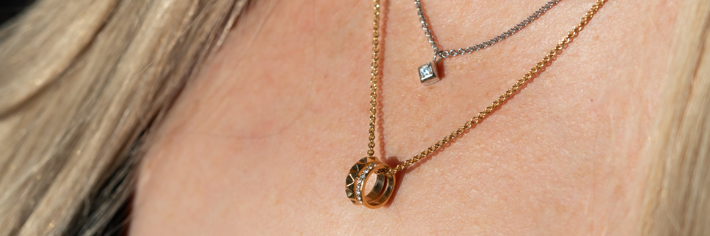 Unisex layered diamond necklaces. Ice Origin and Earth Ascent. Trendy and affordable jewelry in gold and silver Modern Electrum™.