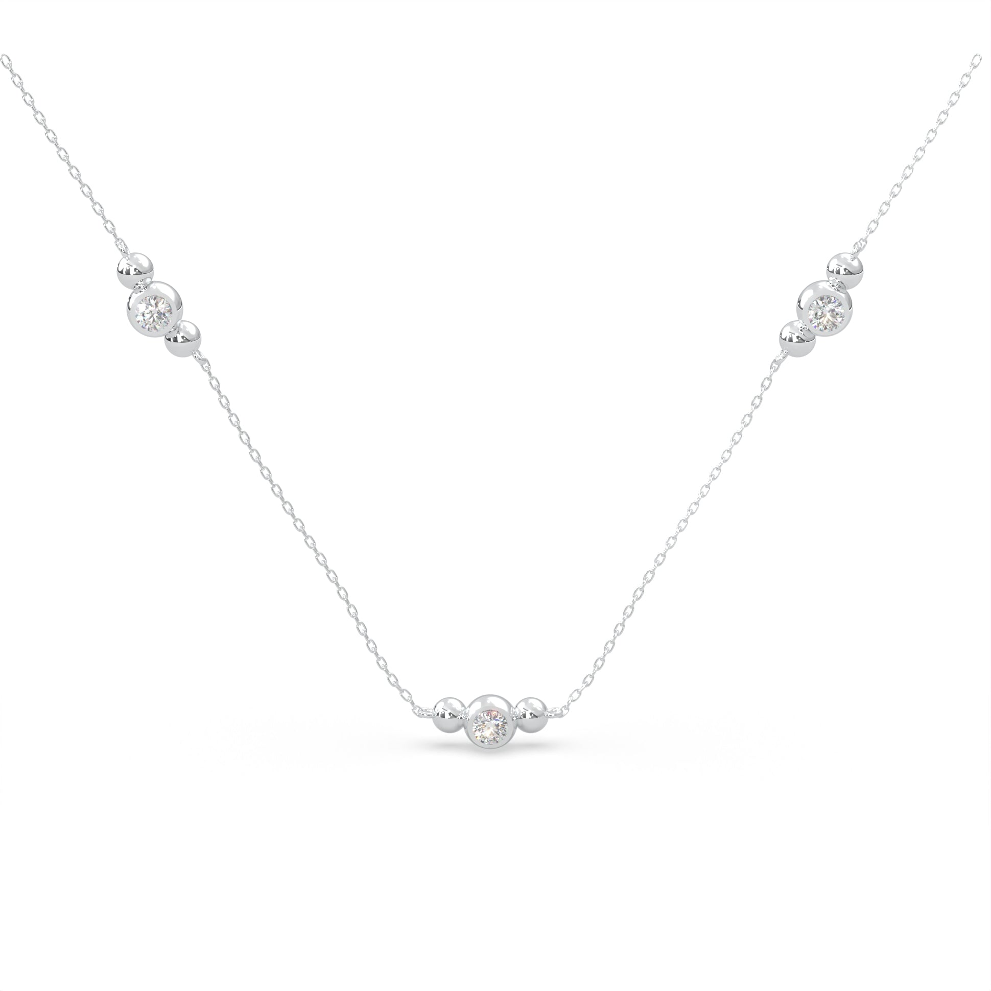 White Modern Electrum Jewelry. Three-stone fluorescent diamond necklace. Round diamonds that glow on an adjustable 1.8mm chain.
