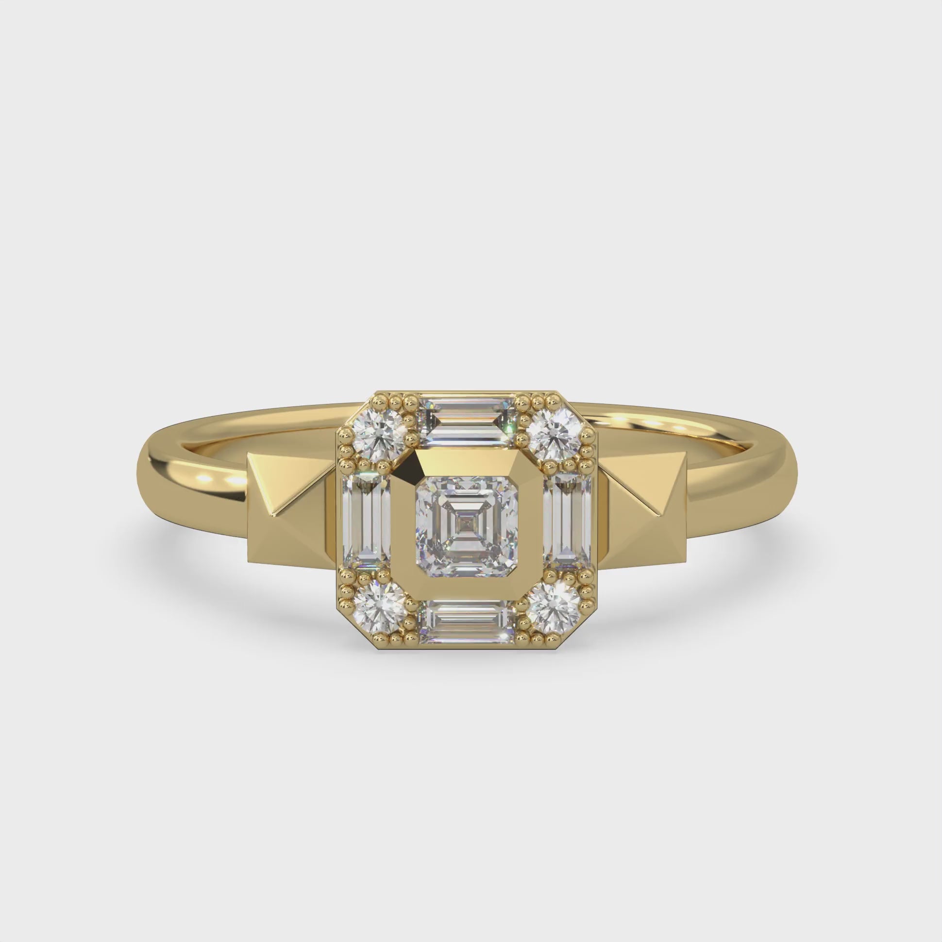 Natural Canadian diamonds. Four round and four baguette and one square emerald. 0.37 carat total weight set in Modern Electrum™. Color range from K to Z, with a clarity of SI and above. Ekati mine earth collection 45 to 55 million years old.